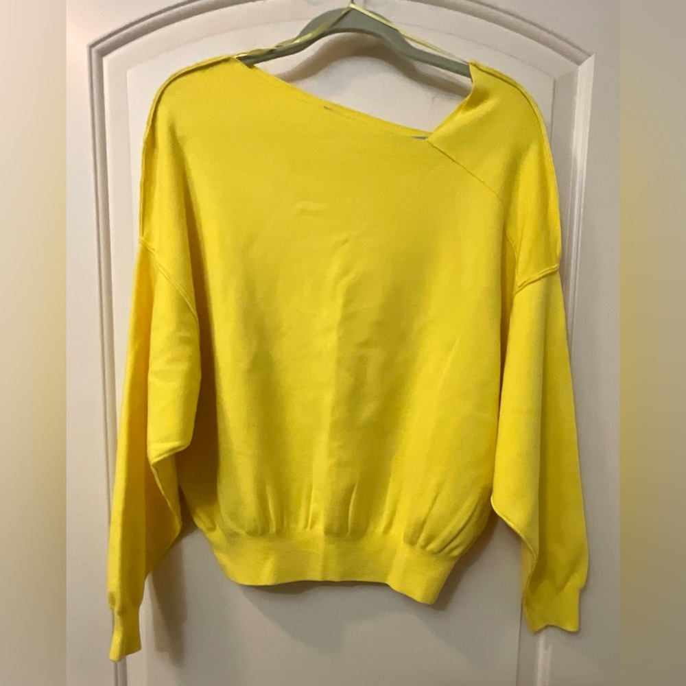 NWT Free People Asymmetrical Neckline Sun Yellow Pullover Sweater S - Picture 3 of 6